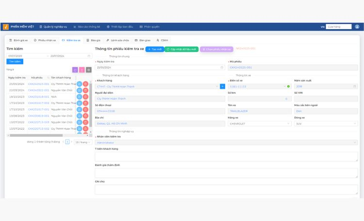 Quản lý phiếu kiểm tra xe