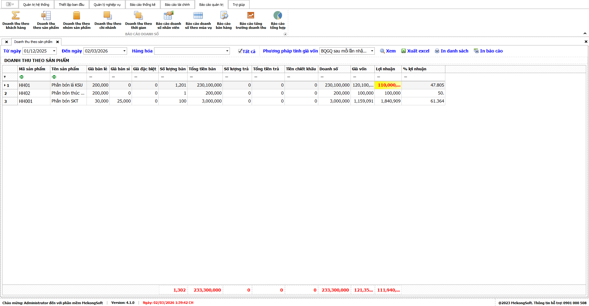 Báo cáo doanh thu theo sản phẩm trong phần mềm quản lý cửa hàng vật tư nông nghiệp