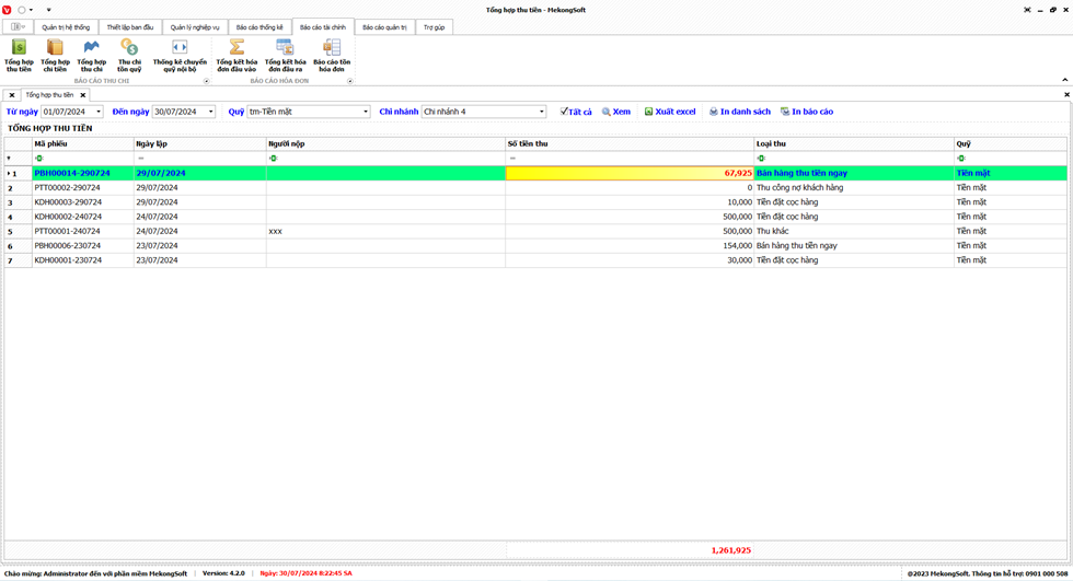 Báo cáo tổng hợp thu tiền