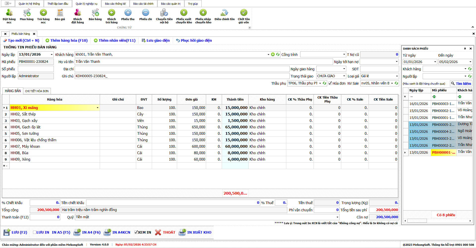 Giao diện phần mềm quản lý bán hàng vật liệu xây dựng MekongSoft