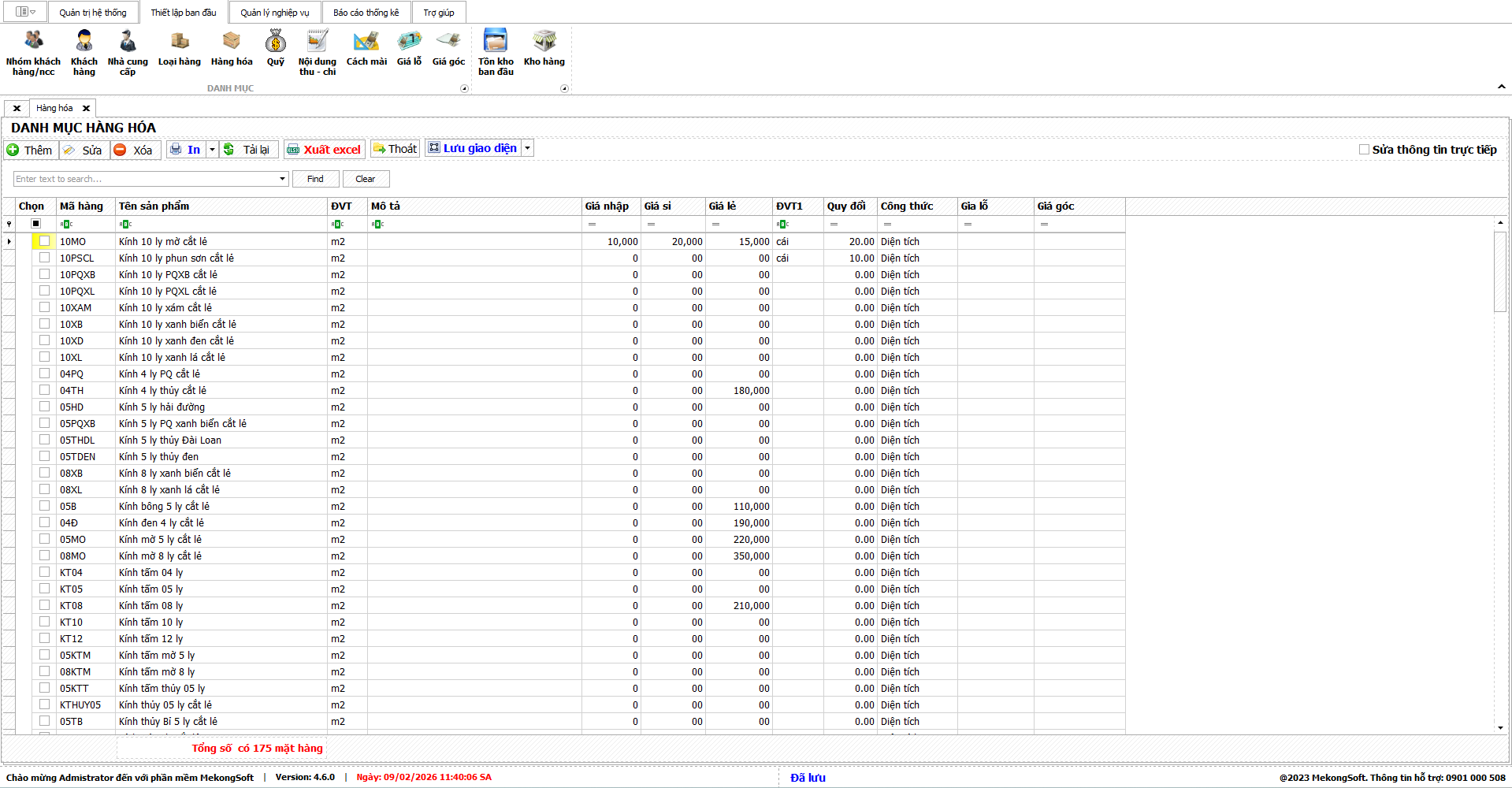 Phần mềm quản lý danh mục nhôm kính