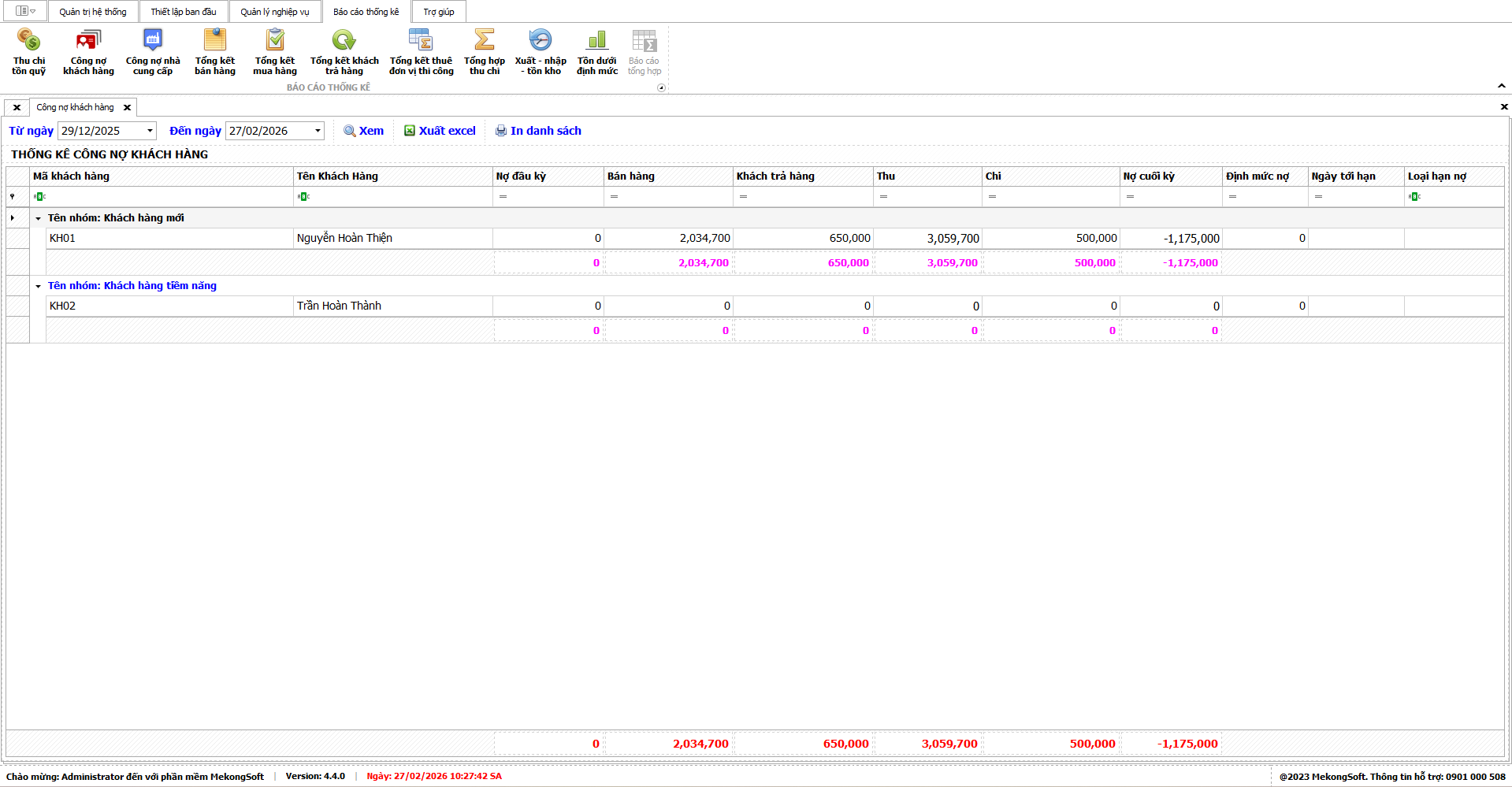 Giao diện quản lý công nợ khách hàng và dòng tiền trong phần mềm quản lý xưởng in