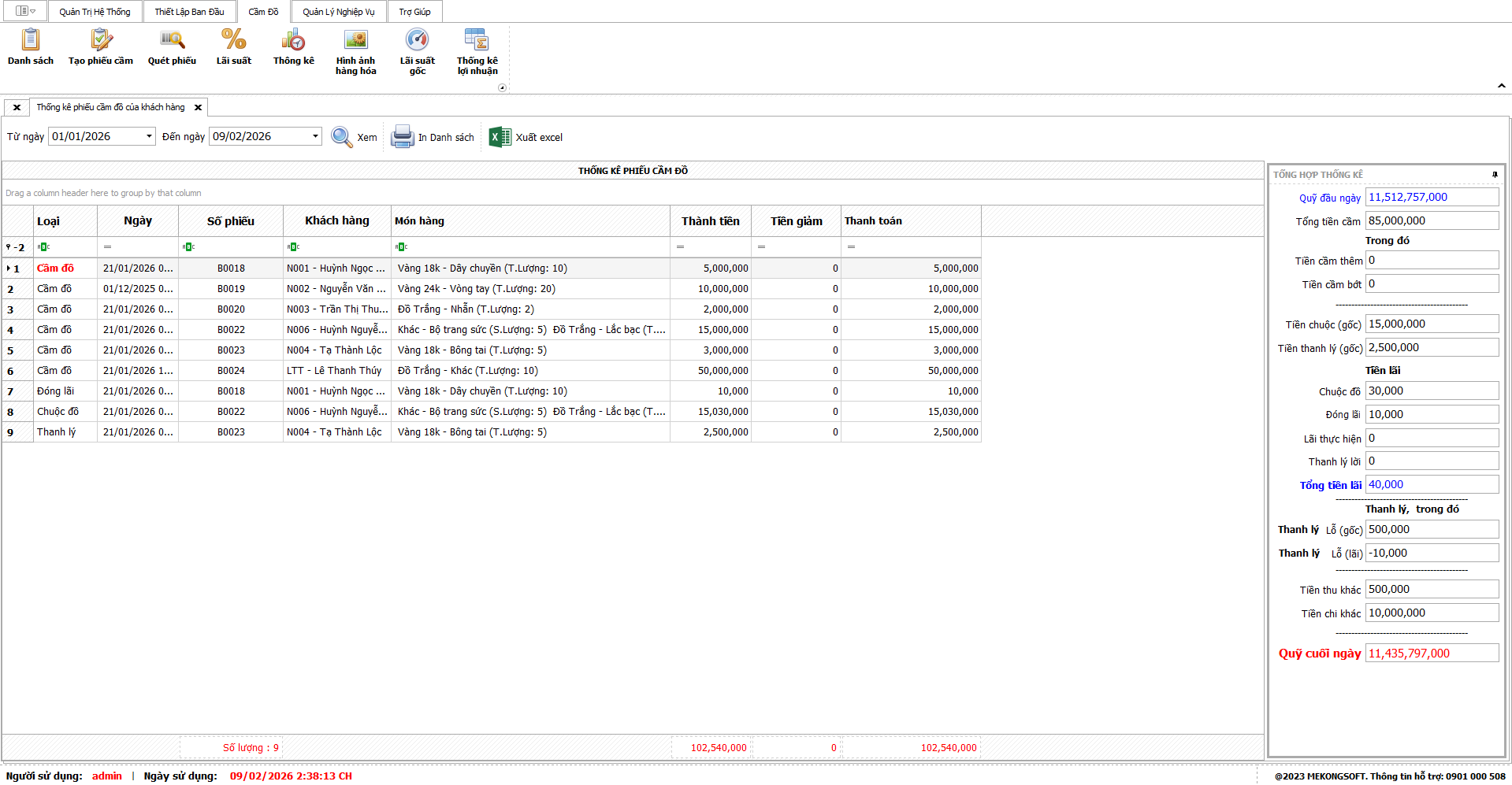 Thống kê hiệu quả quản lý tiệm cầm đồ khi sử dụng phần mềm chuyên dụng