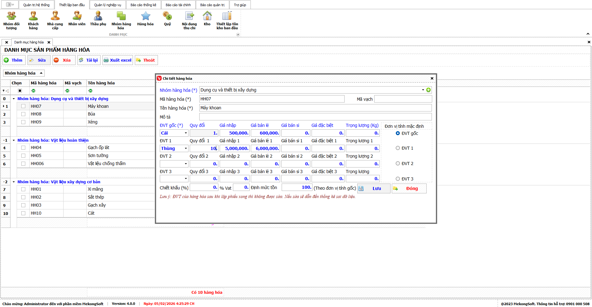 Phần mềm quản lý bán hàng vật liệu xây dựng hỗ trợ nhiều đơn vị tính như cái, thùng