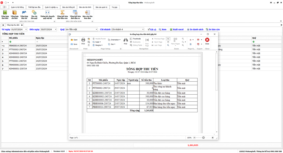 Báo cáo tổng hợp thu tiền