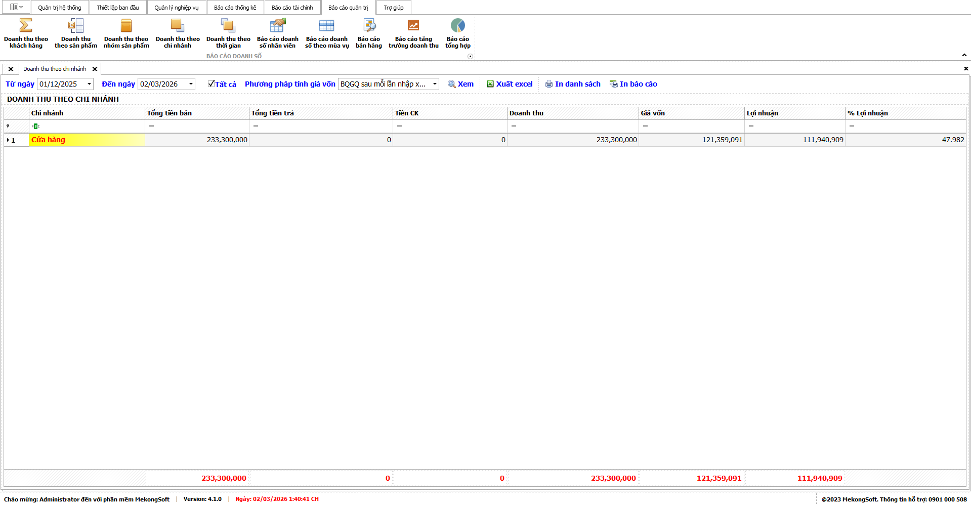 Báo cáo doanh thu theo chi nhánh trên phần mềm quản lý bán hàng vật tư nông nghiệp