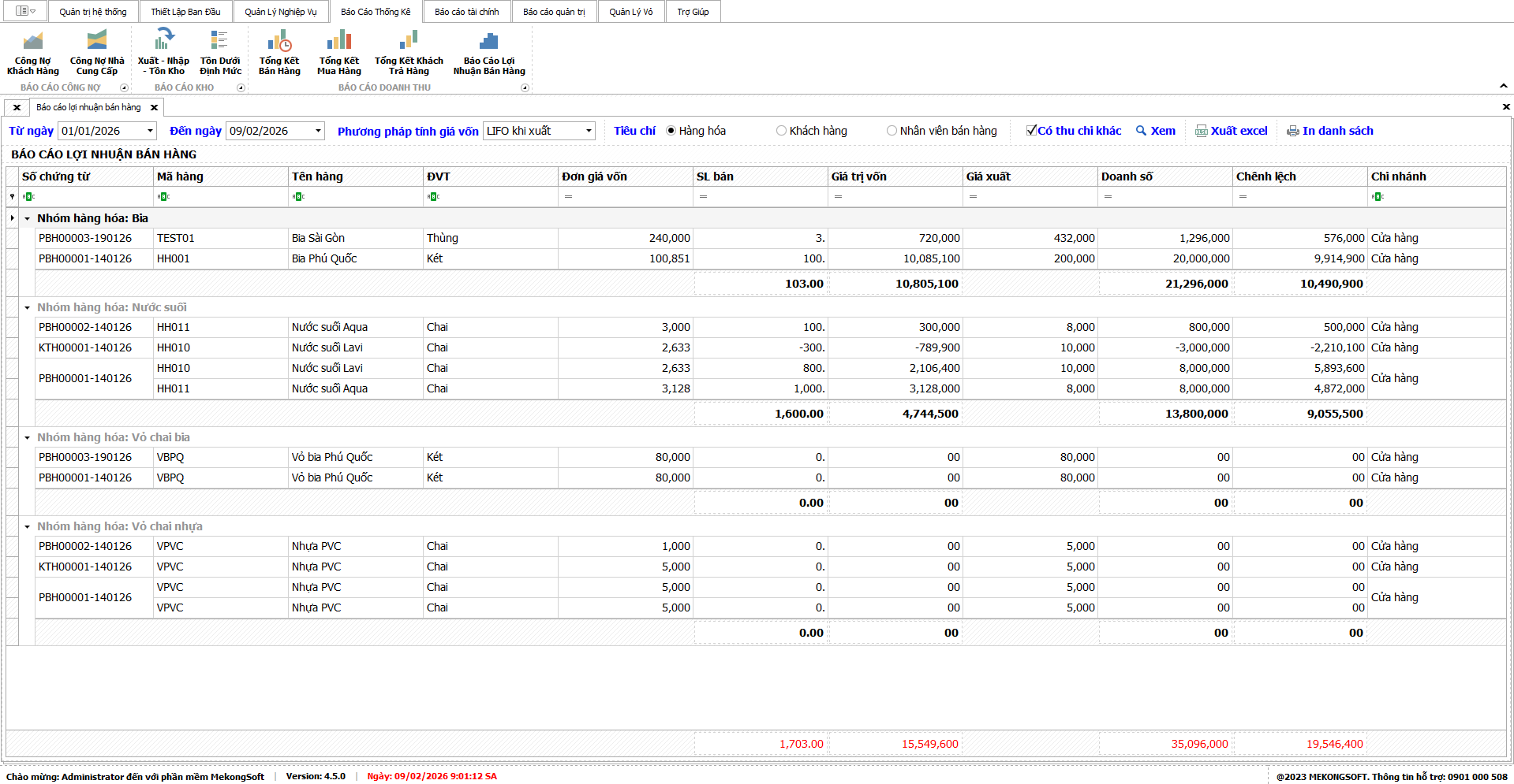 Báo cáo doanh thu lợi nhuận đại lý bia nước ngọt gas hoặc